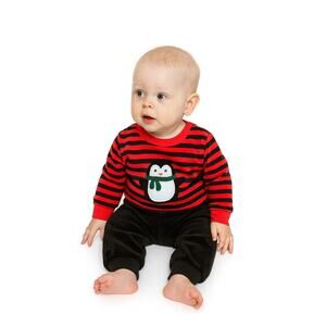 Little Me Boys 2-Piece Red & Black Penguin Striped Set – Size 6 Months